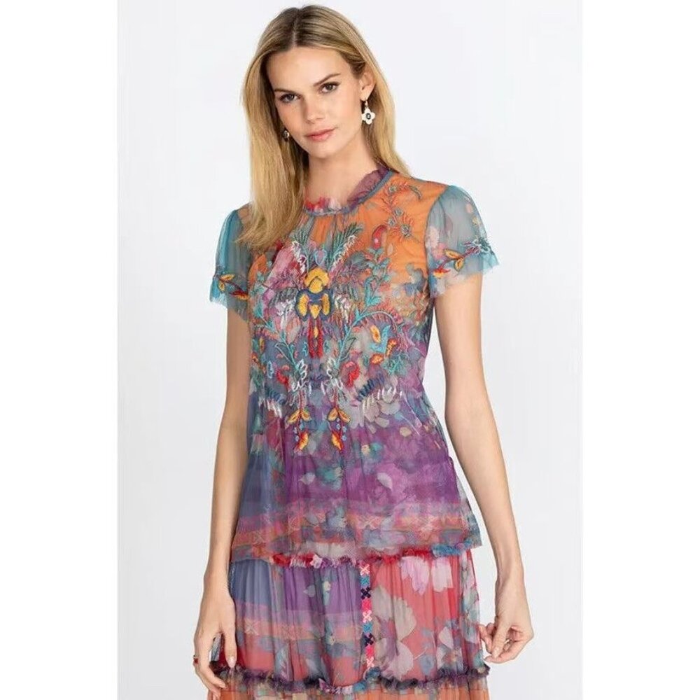 NWT Johnny Was Biya Giana Mesh Ruffled Floral Embroidered Sheer Blouse Size XS
